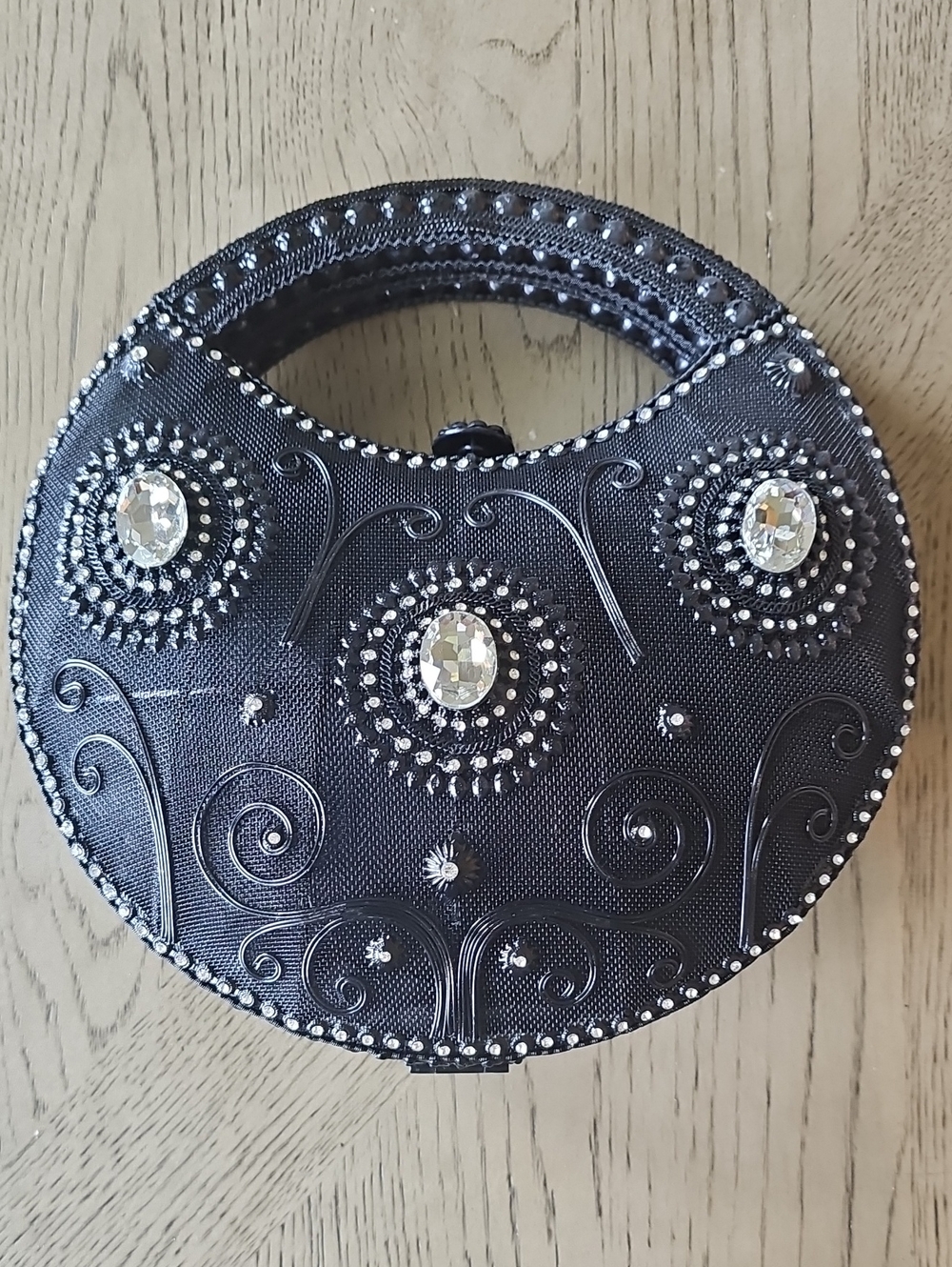 Black Metal Embellished Round Evening Bag with Crystal Accents
